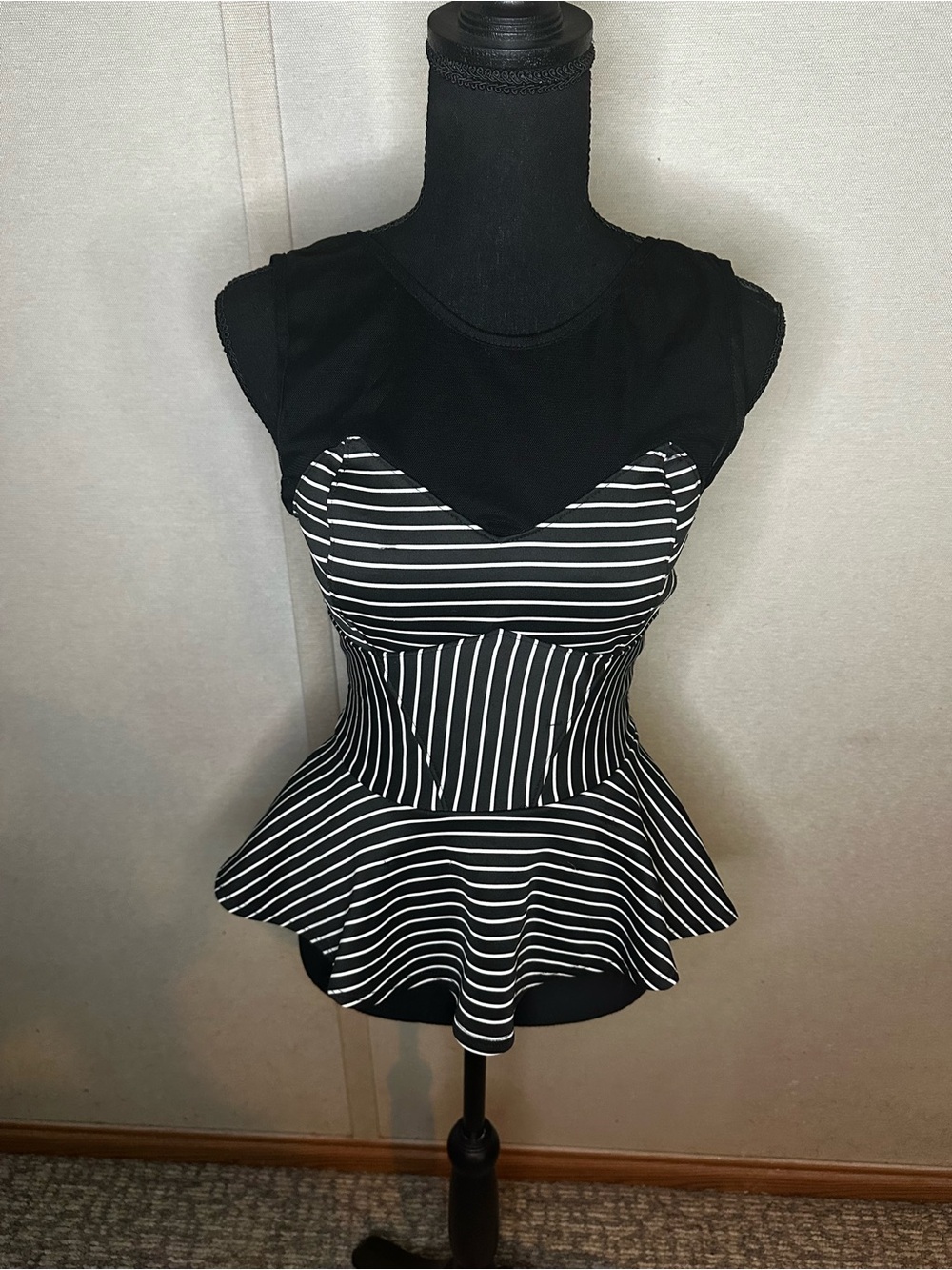 Arden B Black and White Striped Peplum Tank